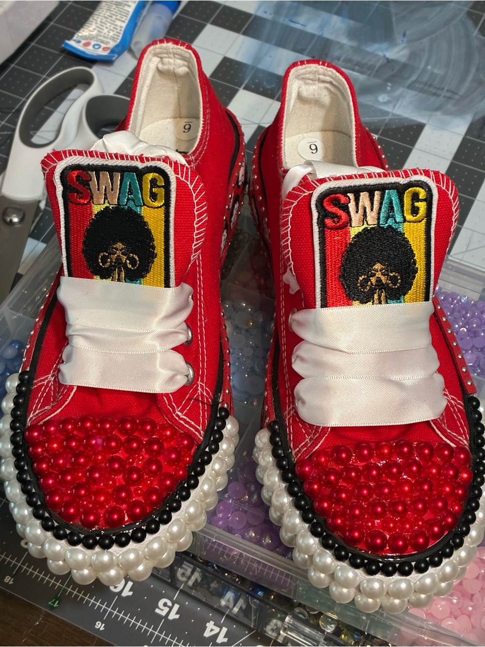 Red Embellished Women's Slip-On Sneakers